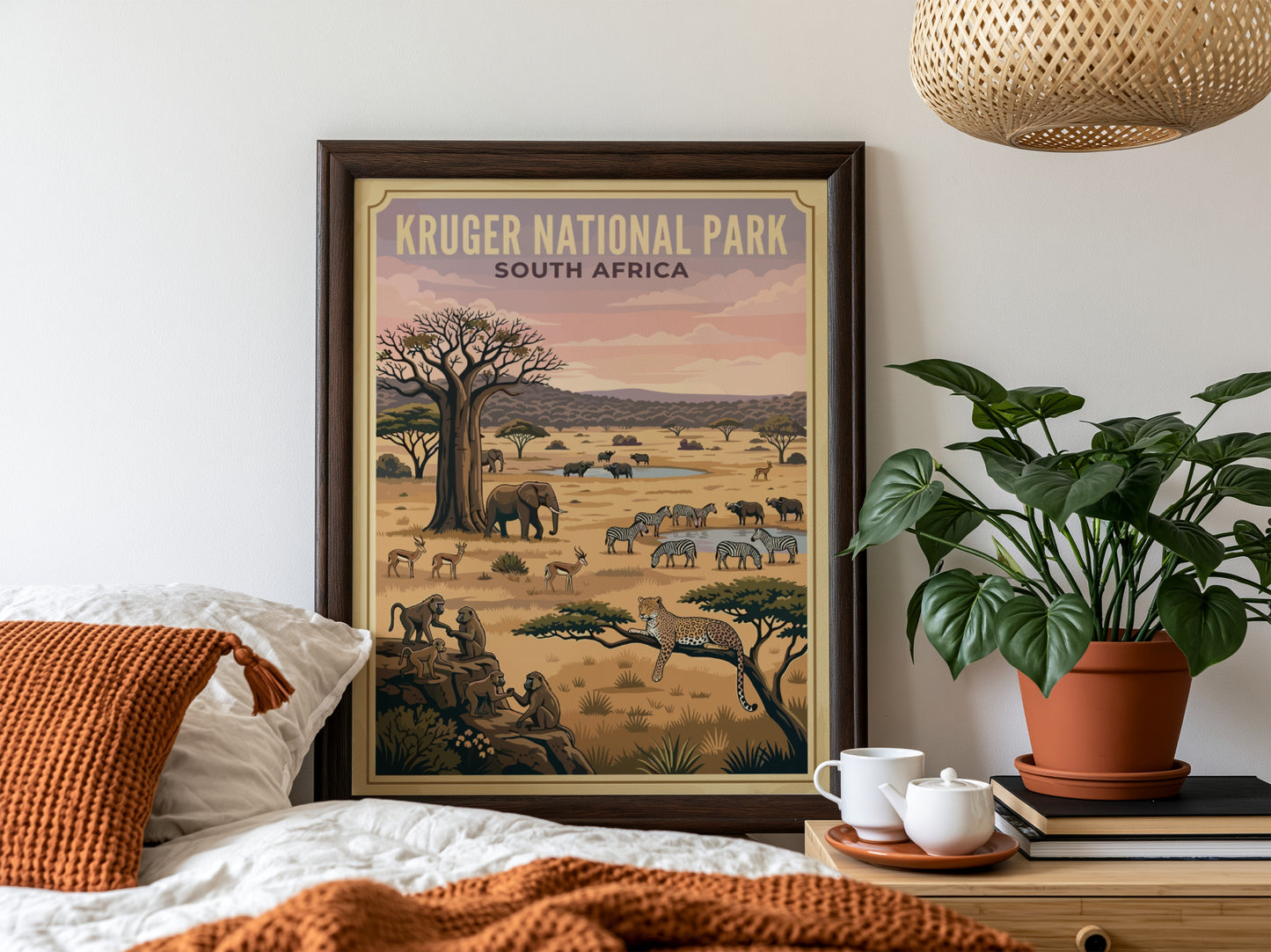 Kruger National Park poster featuring wildlife, earthy tones, and a serene savanna landscape