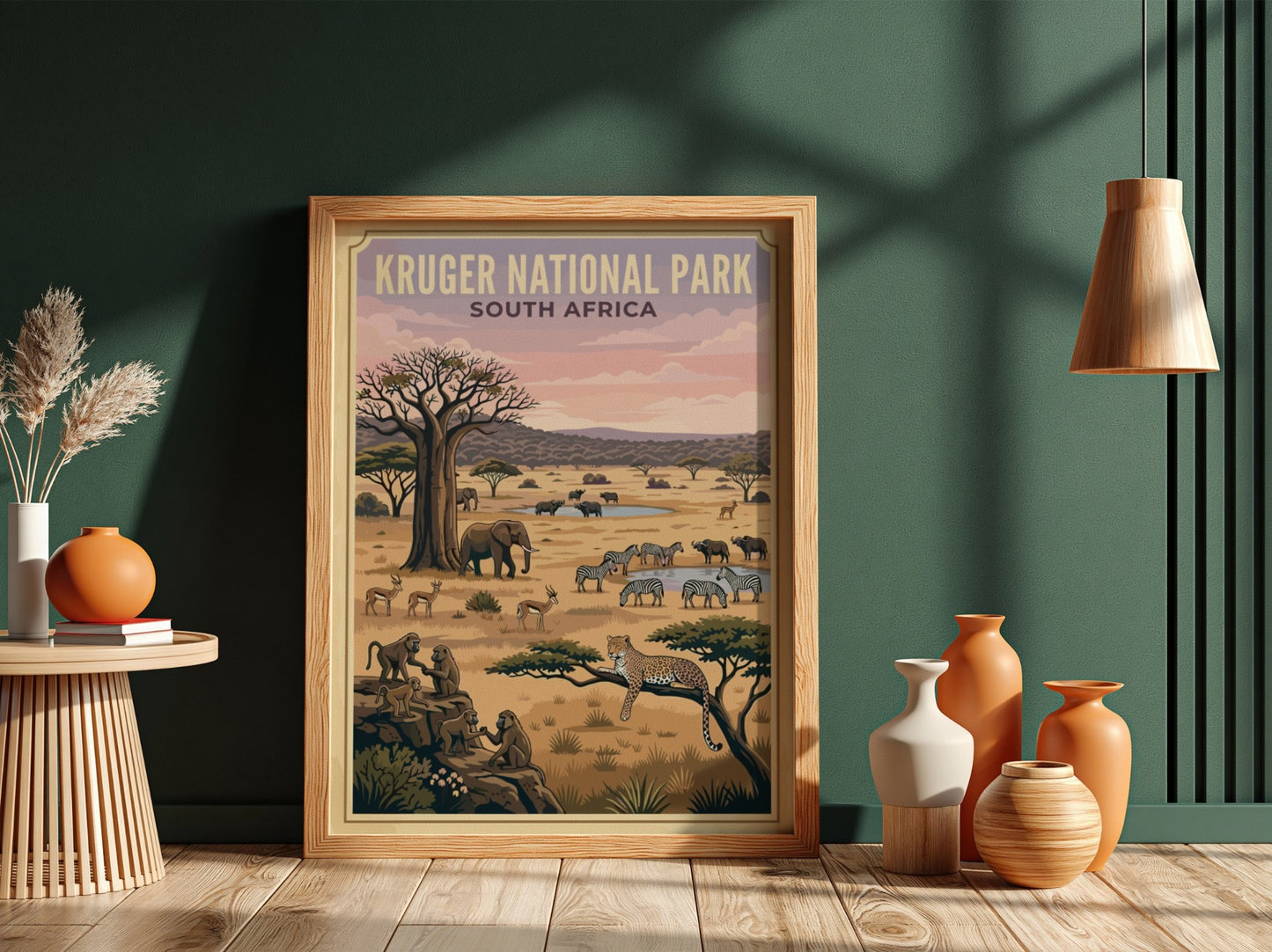 Kruger National Park poster featuring wildlife, earthy tones, and a serene savanna landscape
