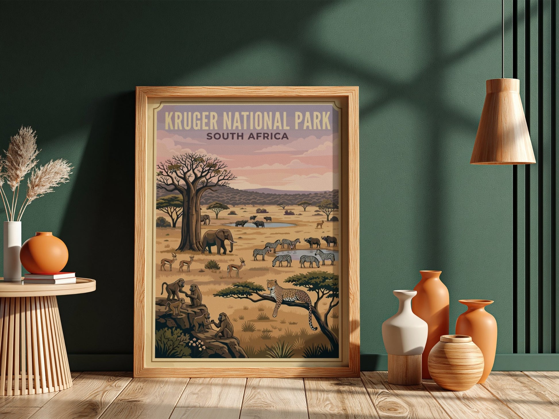 Kruger National Park poster featuring wildlife, earthy tones, and a serene savanna landscape