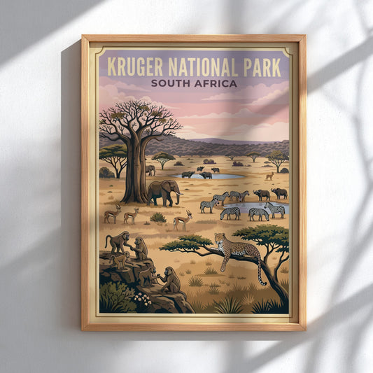 Kruger National Park poster featuring wildlife, earthy tones, and a serene savanna landscape