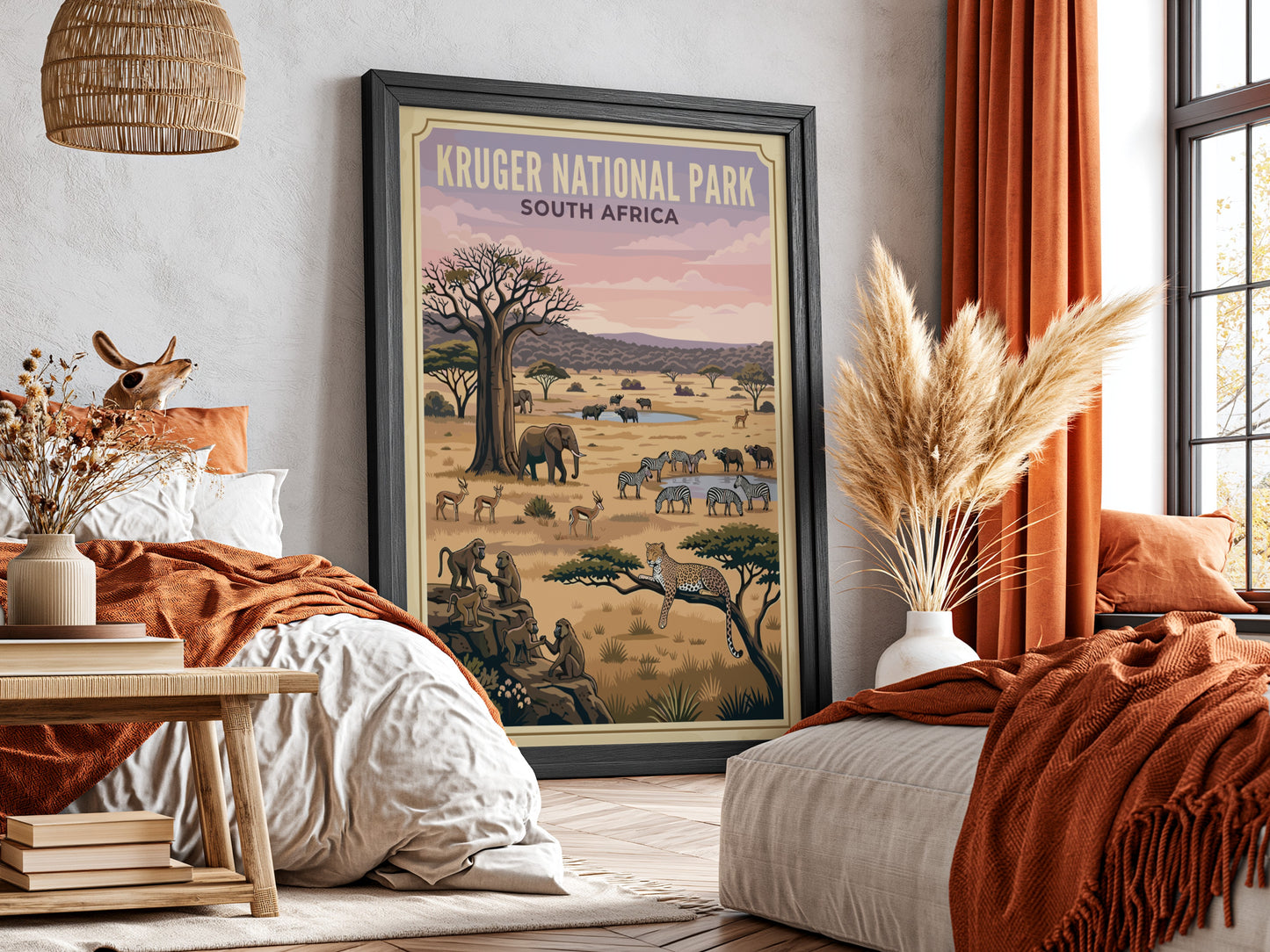 Kruger National Park poster featuring wildlife, earthy tones, and a serene savanna landscape