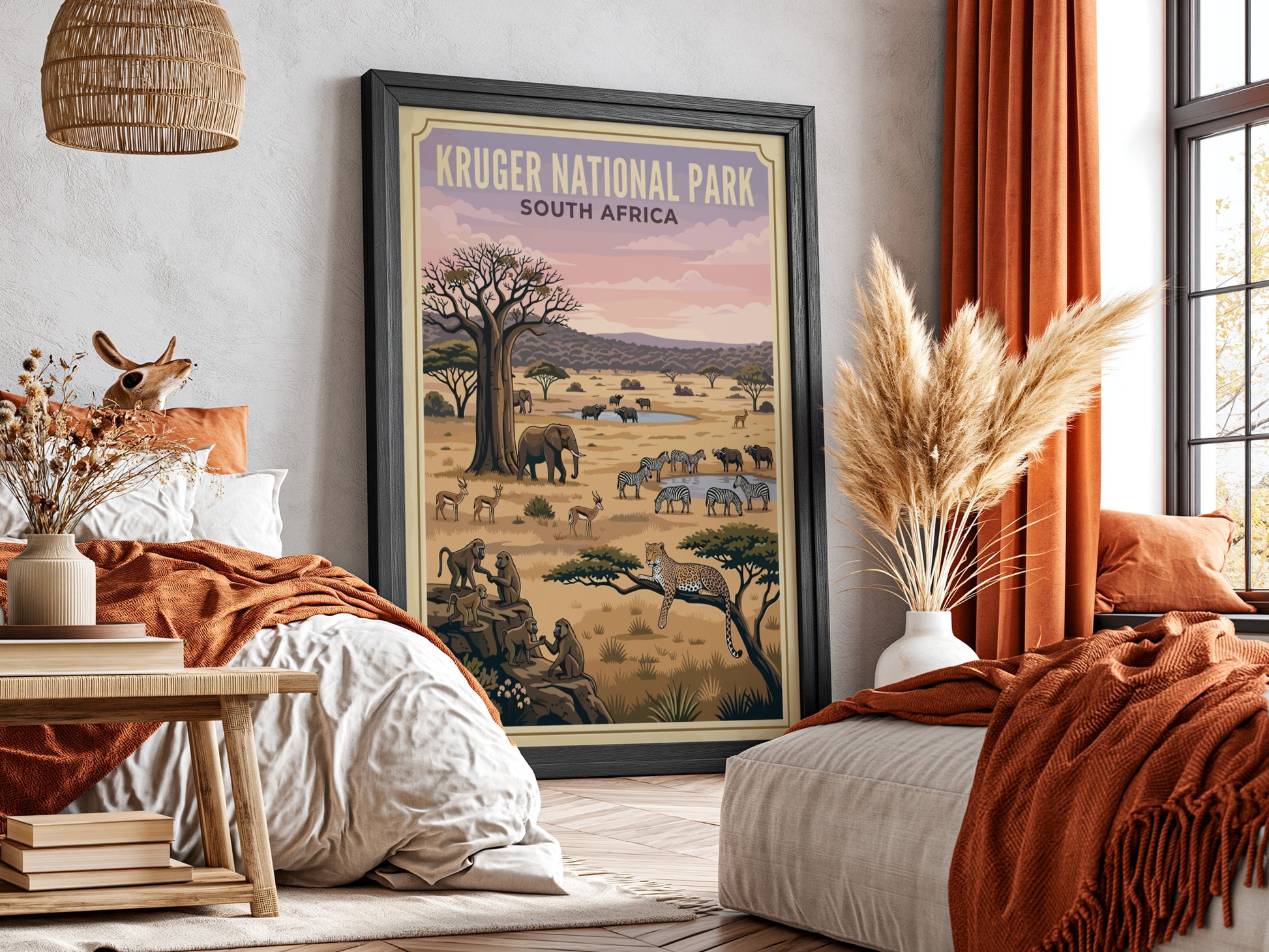 Kruger National Park poster featuring wildlife, earthy tones, and a serene savanna landscape