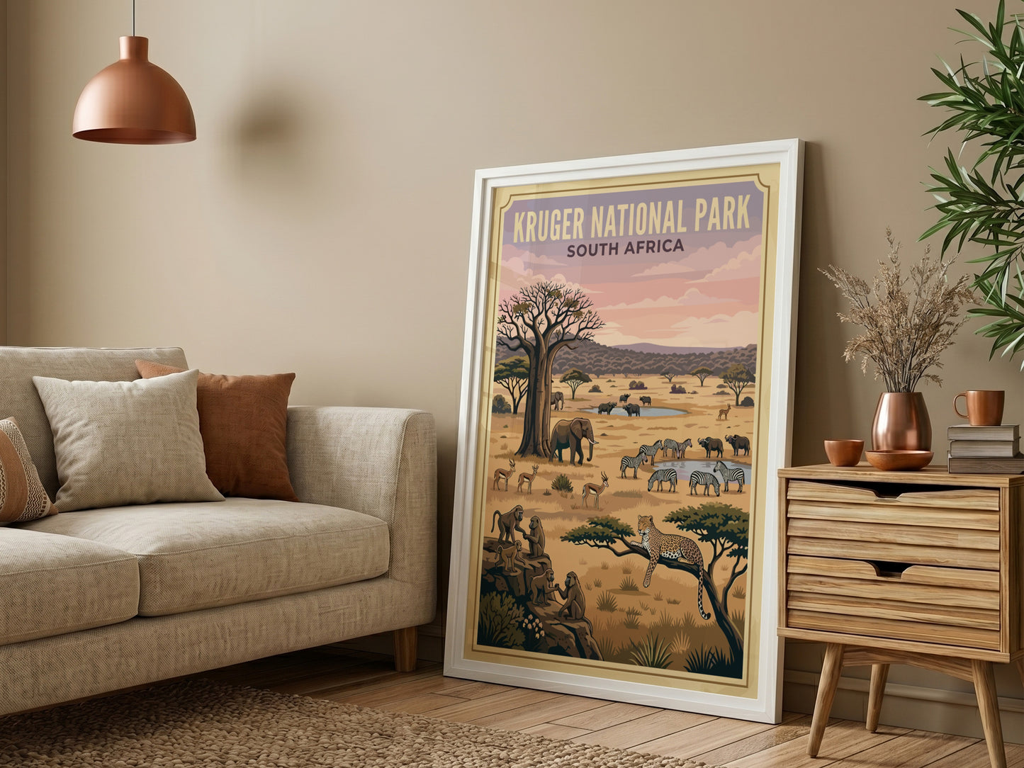 Kruger National Park poster featuring wildlife, earthy tones, and a serene savanna landscape