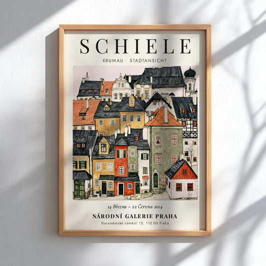 Egon Schiele poster featuring Krumau Stadtansicht in vibrant colors and expressionist style
