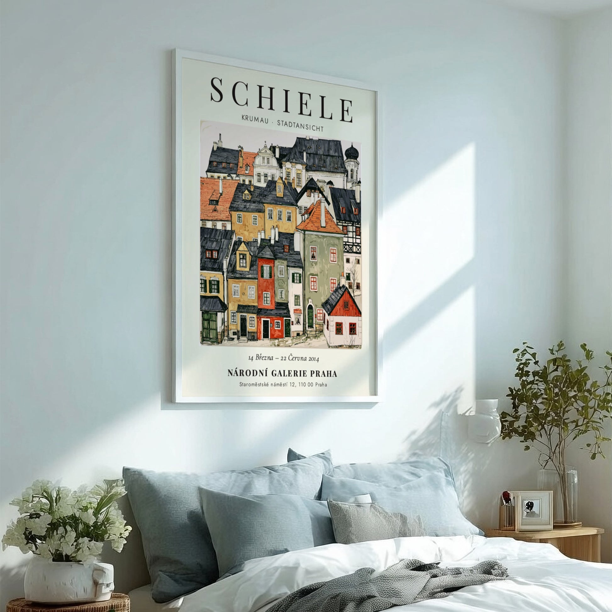 Egon Schiele poster featuring Krumau Stadtansicht in vibrant colors and expressionist style