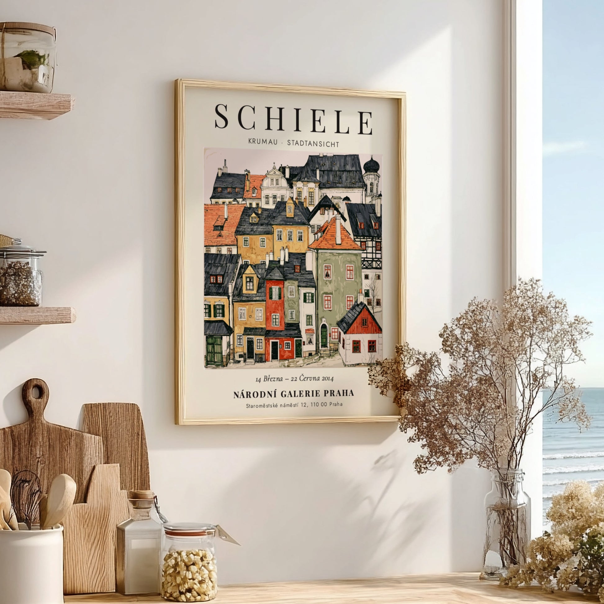 Egon Schiele poster featuring Krumau Stadtansicht in vibrant colors and expressionist style
