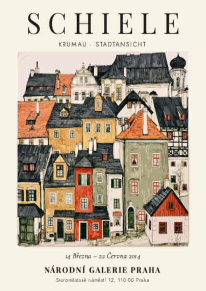 Egon Schiele poster featuring Krumau Stadtansicht in vibrant colors and expressionist style