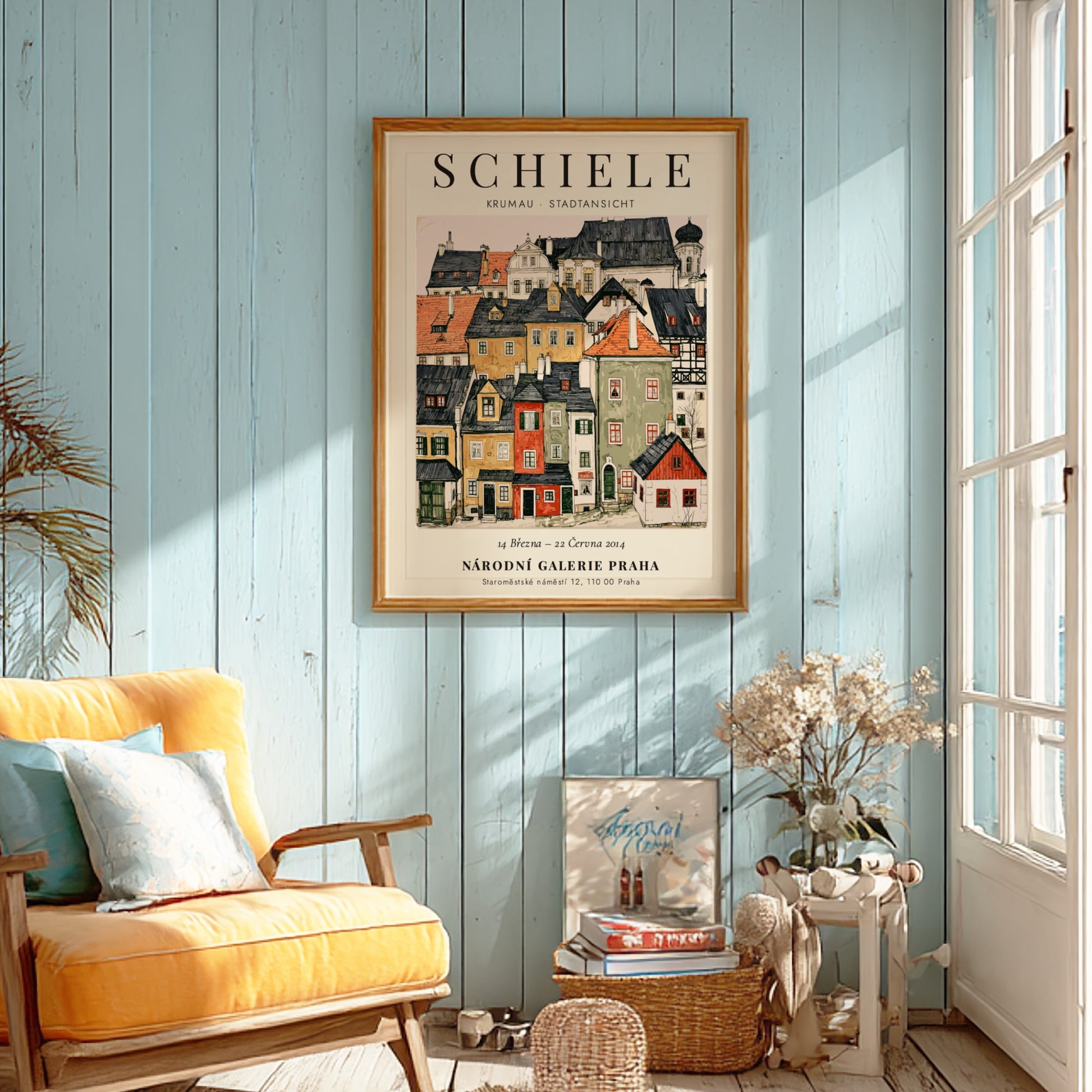 Egon Schiele poster featuring Krumau Stadtansicht in vibrant colors and expressionist style