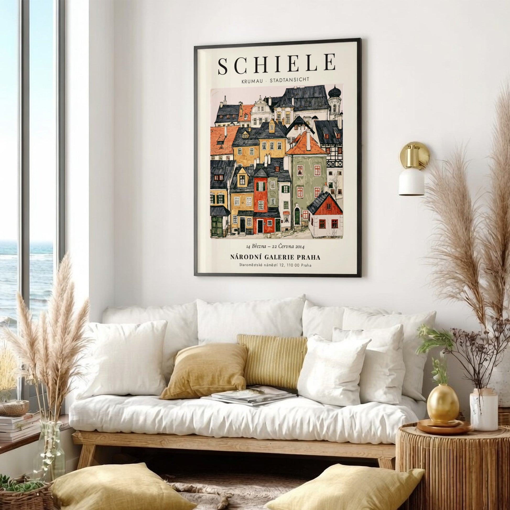 Egon Schiele poster featuring Krumau Stadtansicht in vibrant colors and expressionist style