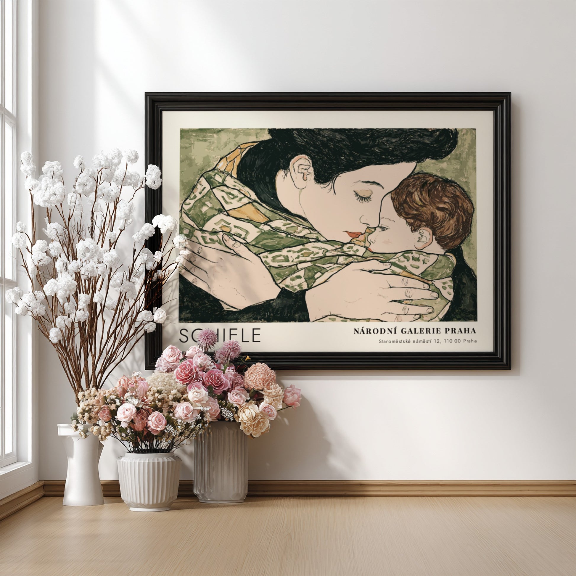Wall art poster featuring Egon Schiele's mother and child with Národní Galerie Praha text.