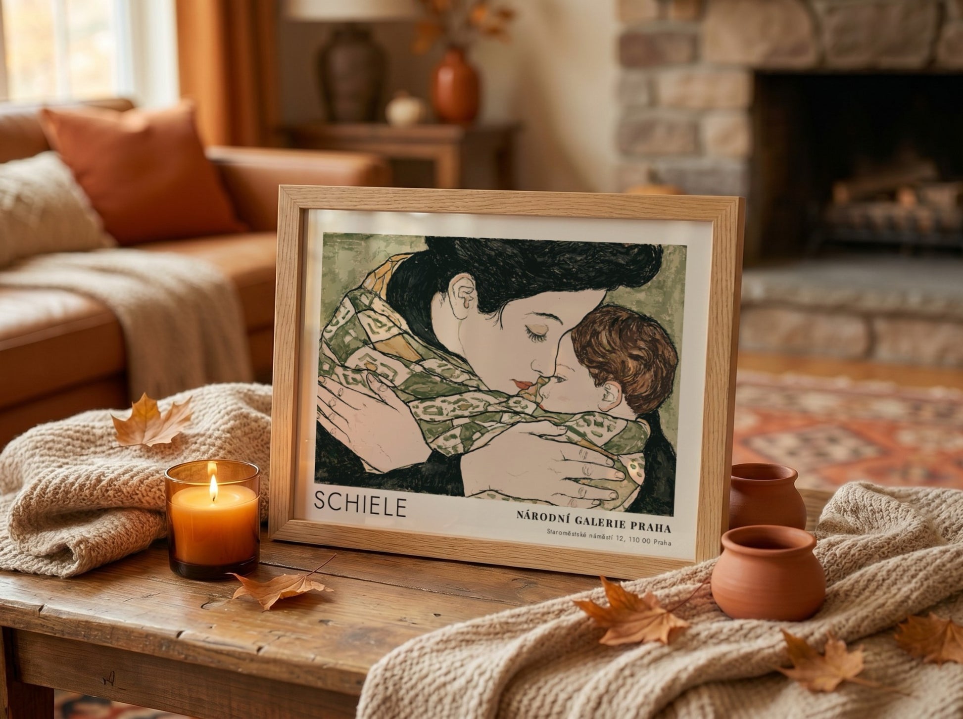 Wall art poster featuring Egon Schiele's mother and child with Národní Galerie Praha text.