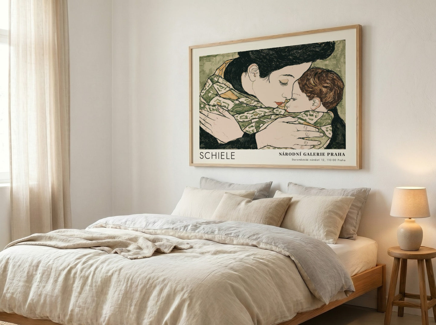Wall art poster featuring Egon Schiele's mother and child with Národní Galerie Praha text.