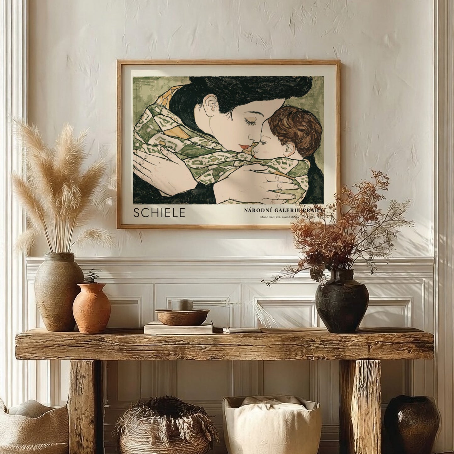 Wall art poster featuring Egon Schiele's mother and child with Národní Galerie Praha text.