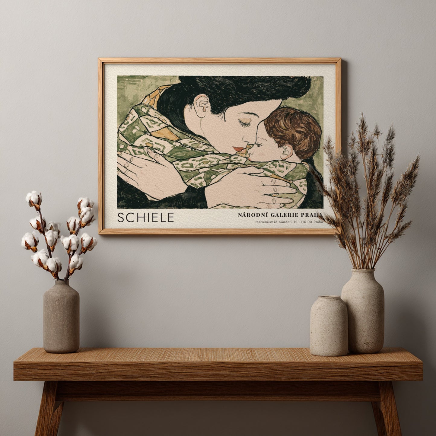 Wall art poster featuring Egon Schiele's mother and child with Národní Galerie Praha text.
