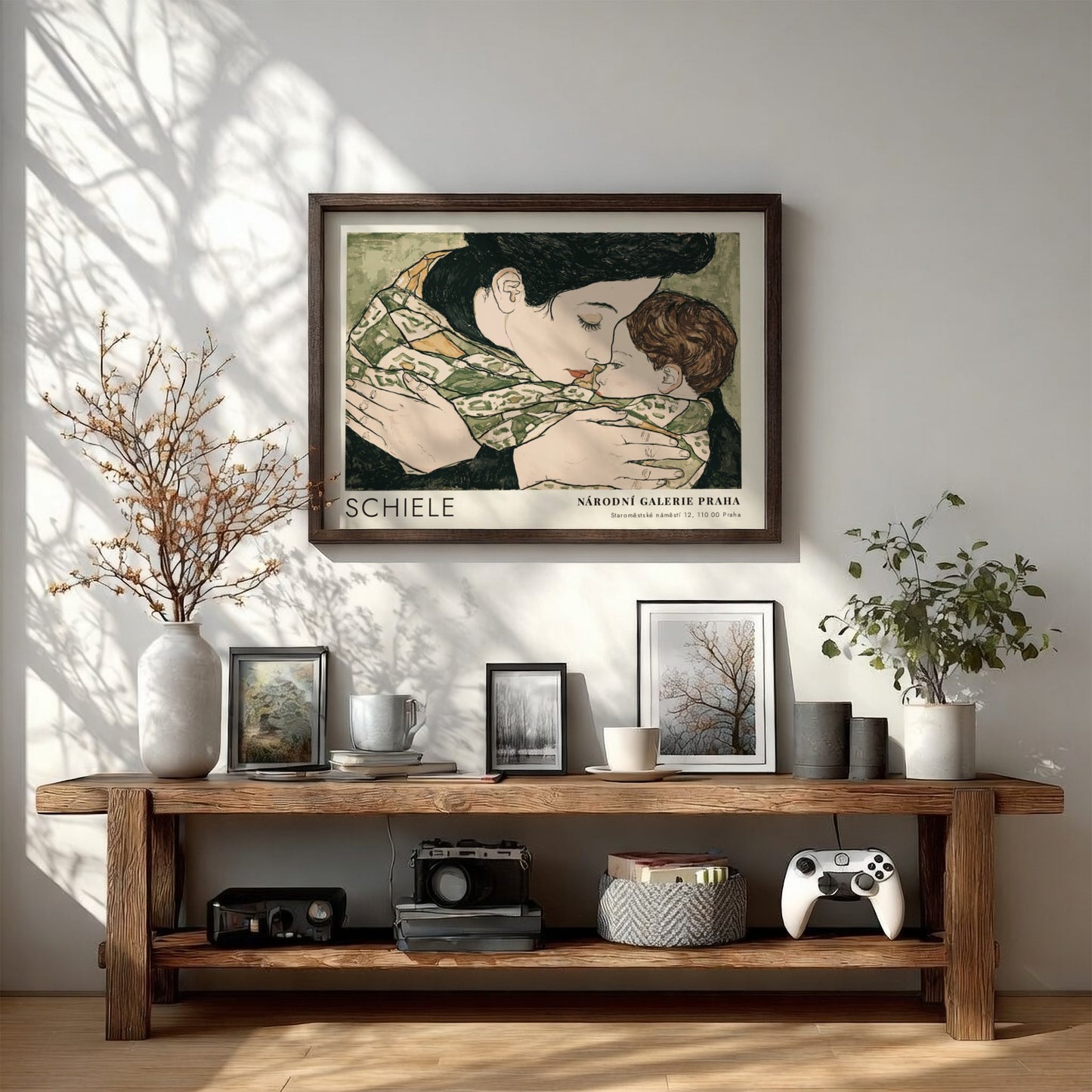 Wall art poster featuring Egon Schiele's mother and child with Národní Galerie Praha text.