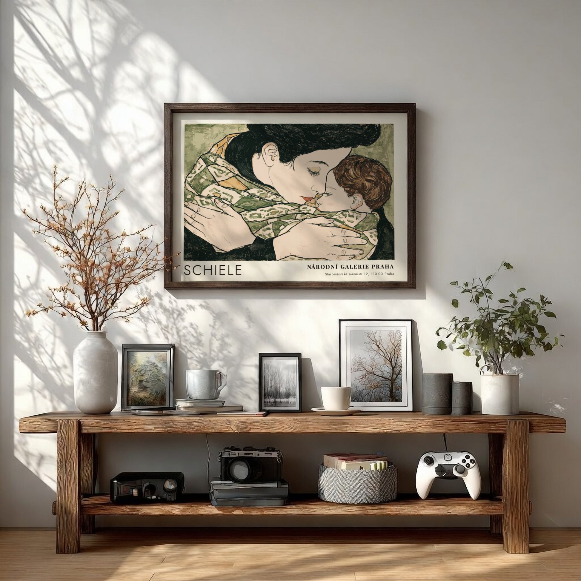 Wall art poster featuring Egon Schiele's mother and child with Národní Galerie Praha text.