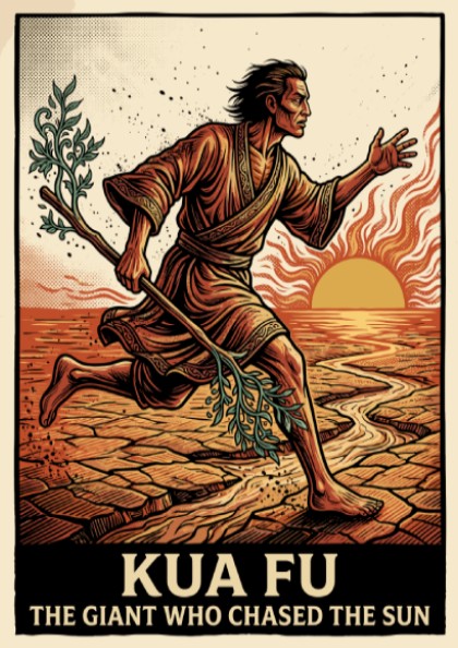 Poster of Kua Fu the giant chasing the sun across a dry landscape