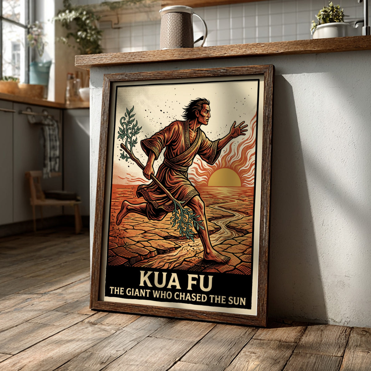 Poster of Kua Fu the giant chasing the sun across a dry landscape