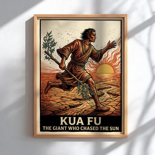 Poster of Kua Fu the giant chasing the sun across a dry landscape