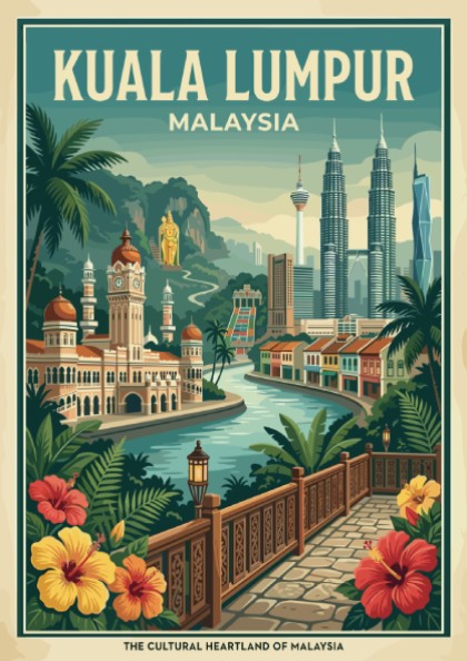 Vintage Kuala Lumpur travel poster featuring city skyline and tropical flowers, in a warm color palette.