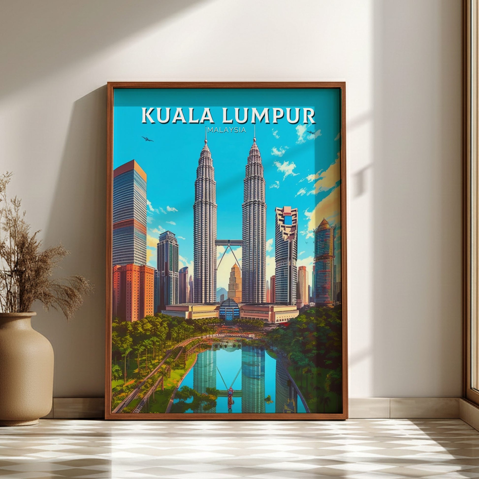 Framed poster of Kuala Lumpur with Petronas Towers on a wall.