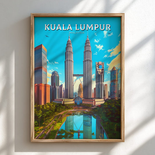 Framed poster of Kuala Lumpur with the Petronas Towers on a blue sky background.