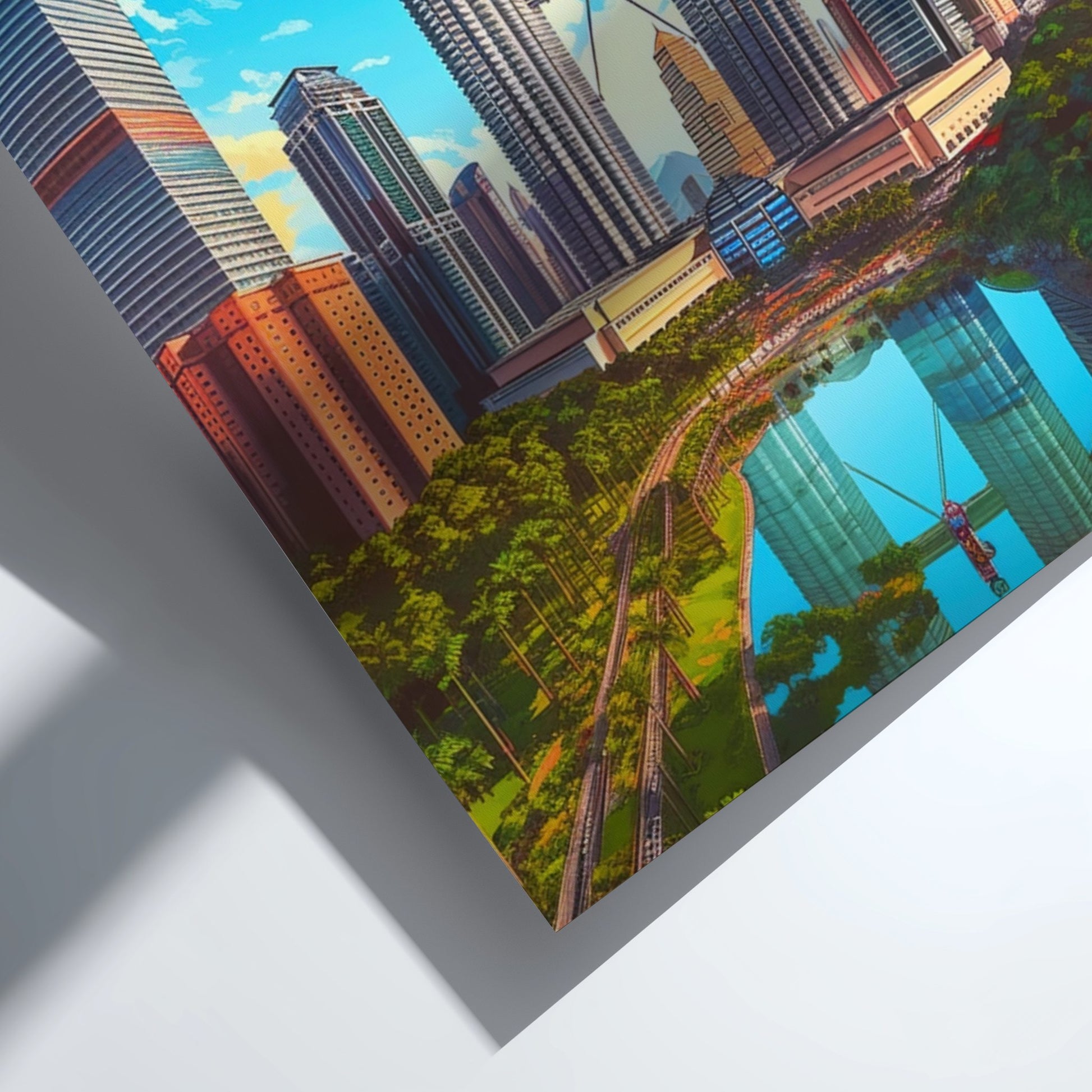 Colorful cityscape with tall buildings and greenery on a white background