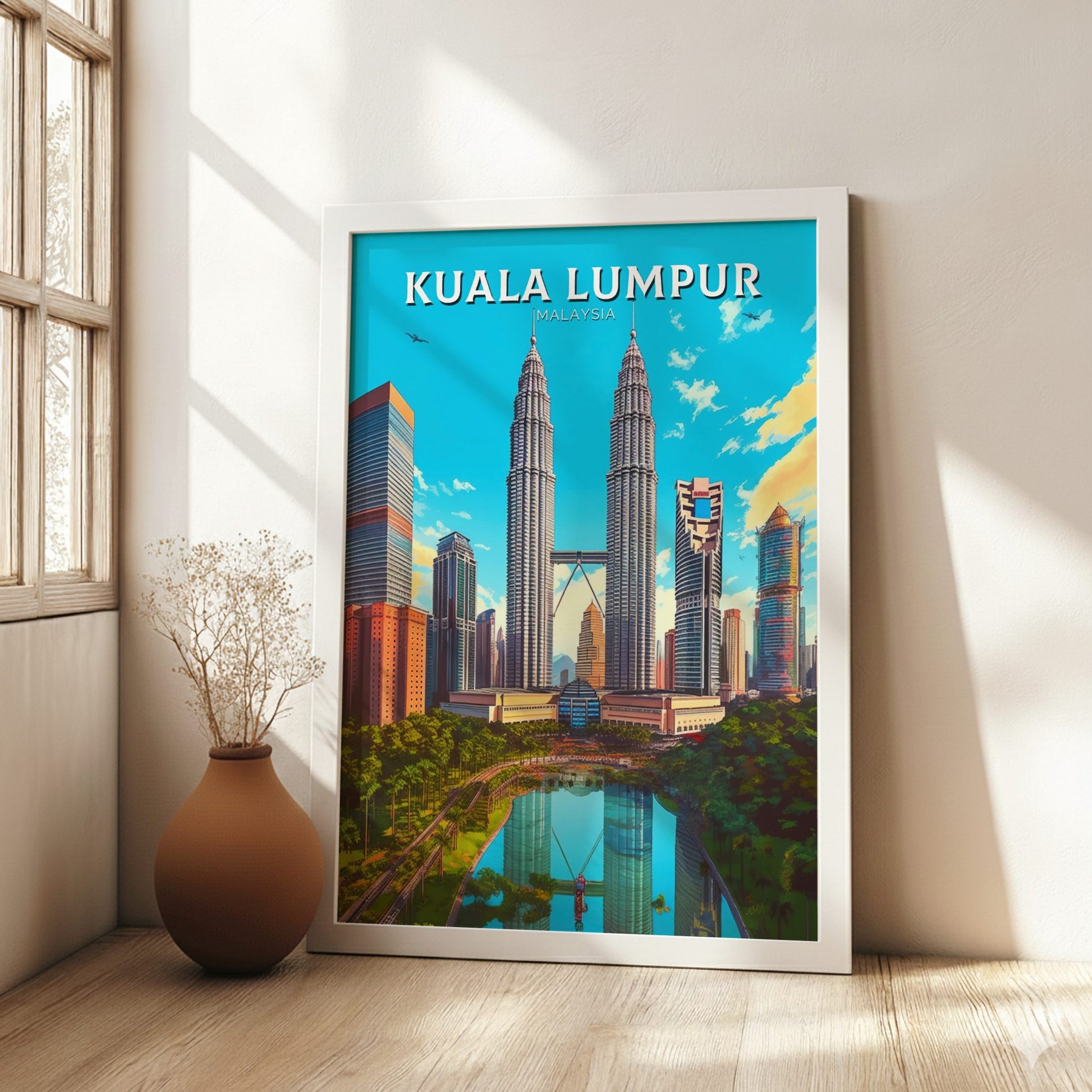 Framed poster of Kuala Lumpur with the Petronas Towers in a bright room.