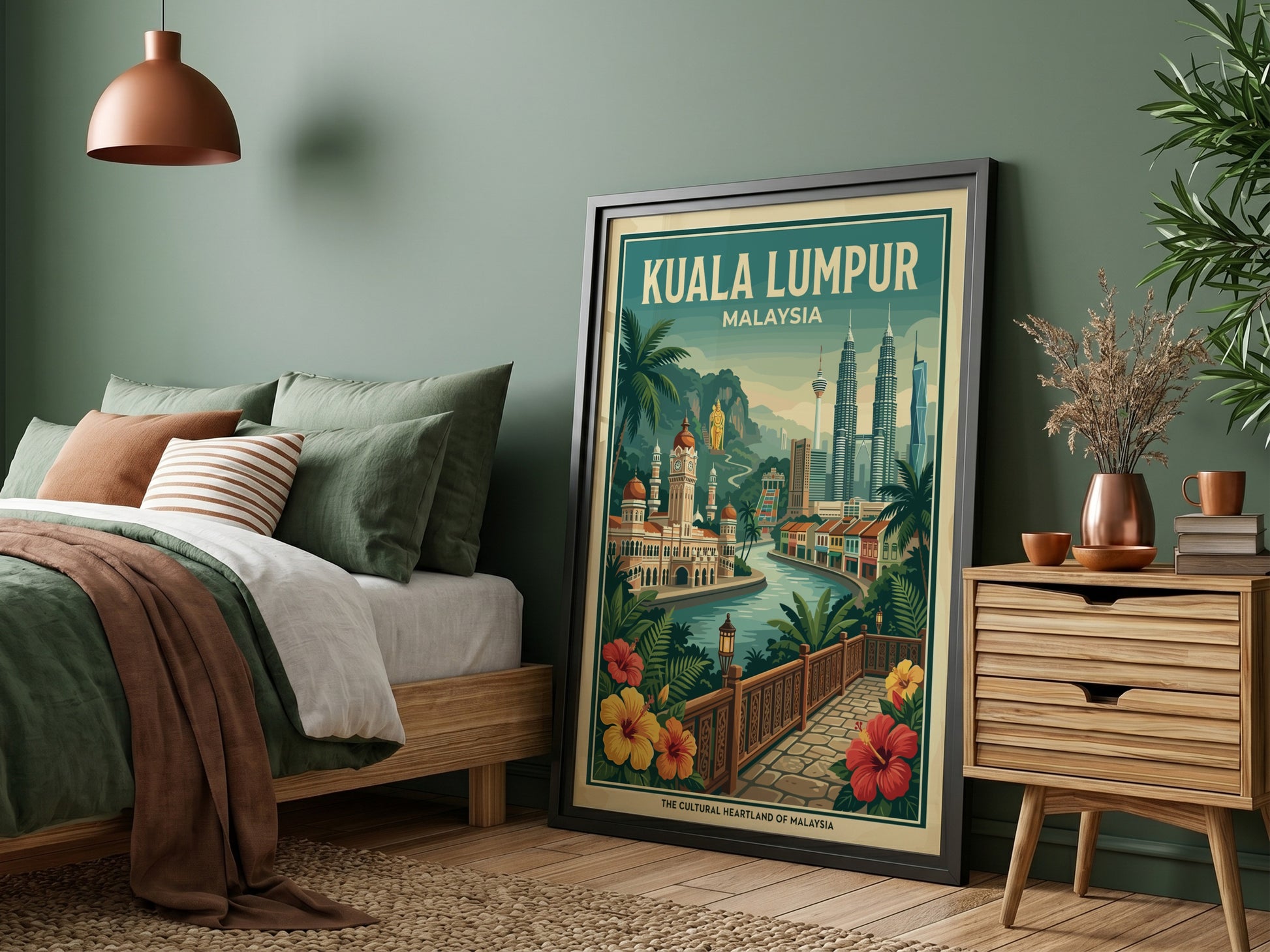 Vintage Kuala Lumpur travel poster featuring city skyline and tropical flowers, in a warm color palette.