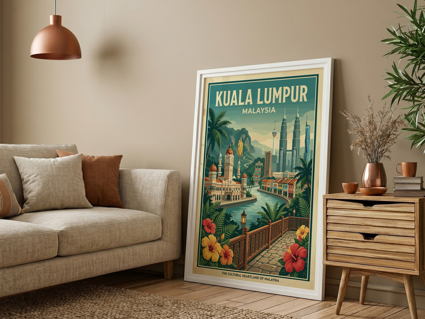 Vintage Kuala Lumpur travel poster featuring city skyline and tropical flowers, in a warm color palette.
