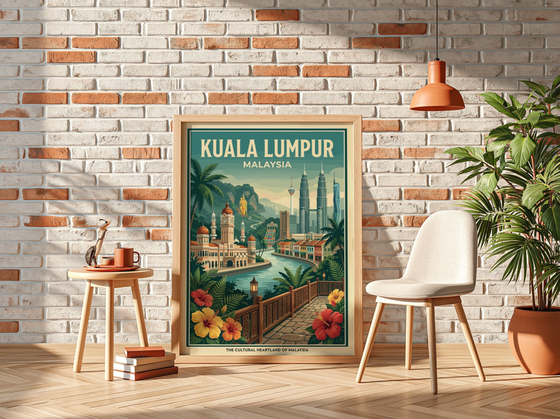 Vintage Kuala Lumpur travel poster featuring city skyline and tropical flowers, in a warm color palette.