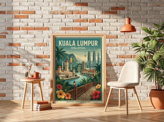Vintage Kuala Lumpur travel poster featuring city skyline and tropical flowers, in a warm color palette.