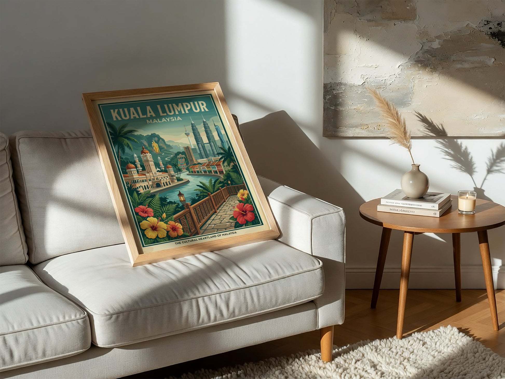 Vintage Kuala Lumpur travel poster featuring city skyline and tropical flowers, in a warm color palette.