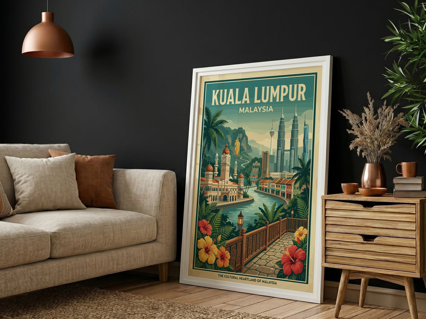 Vintage Kuala Lumpur travel poster featuring city skyline and tropical flowers, in a warm color palette.