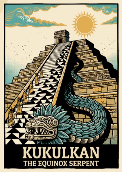 Poster featuring the Mayan pyramid and feathered serpent Kukulkan in gold and teal.