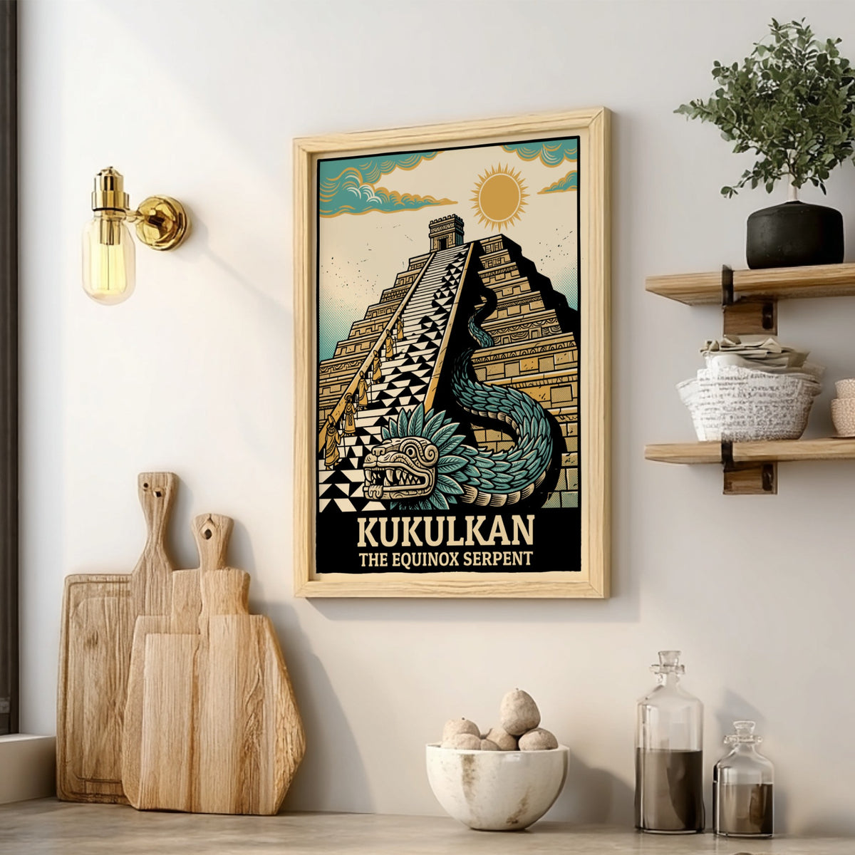 Poster featuring the Mayan pyramid and feathered serpent Kukulkan in gold and teal.