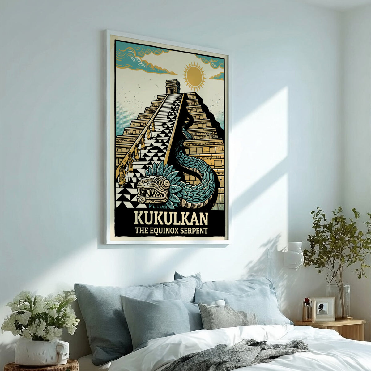 Poster featuring the Mayan pyramid and feathered serpent Kukulkan in gold and teal.