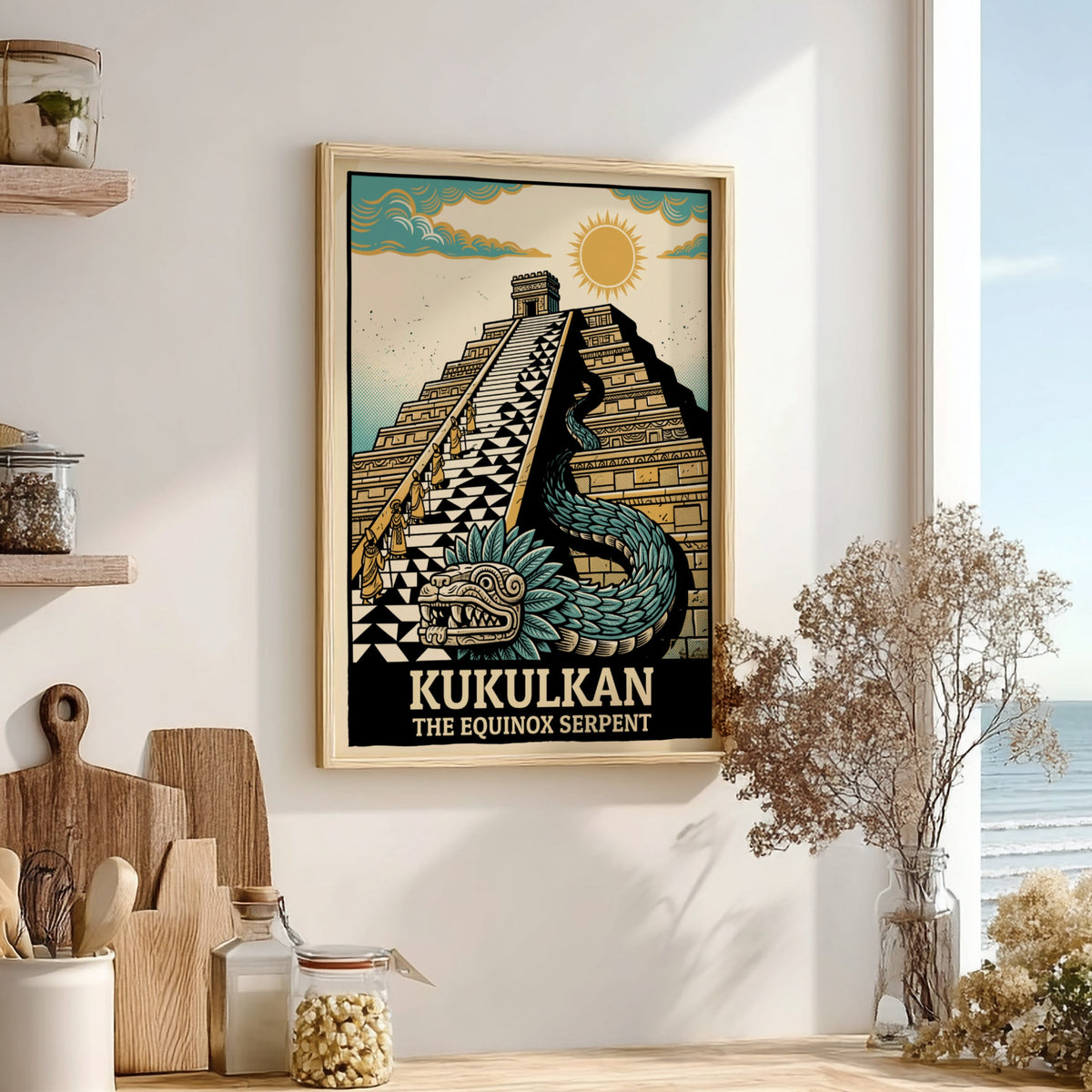 Poster featuring the Mayan pyramid and feathered serpent Kukulkan in gold and teal.
