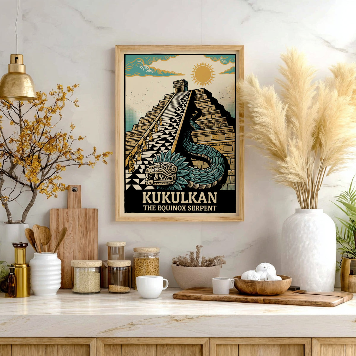Poster featuring the Mayan pyramid and feathered serpent Kukulkan in gold and teal.
