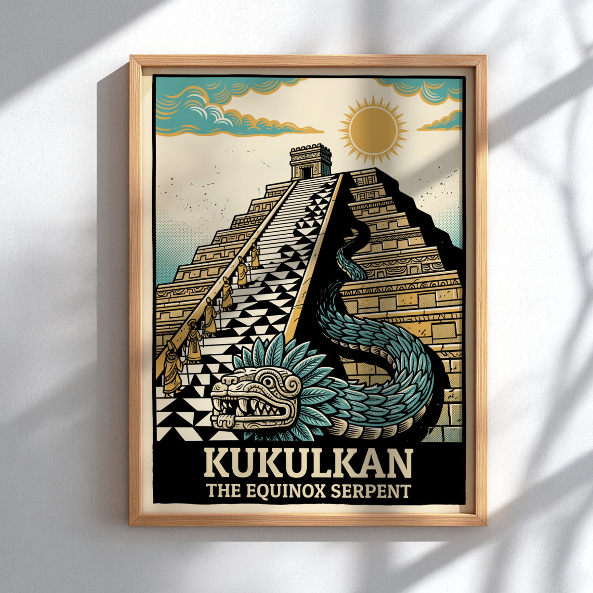 Poster featuring the Mayan pyramid and feathered serpent Kukulkan in gold and teal.
