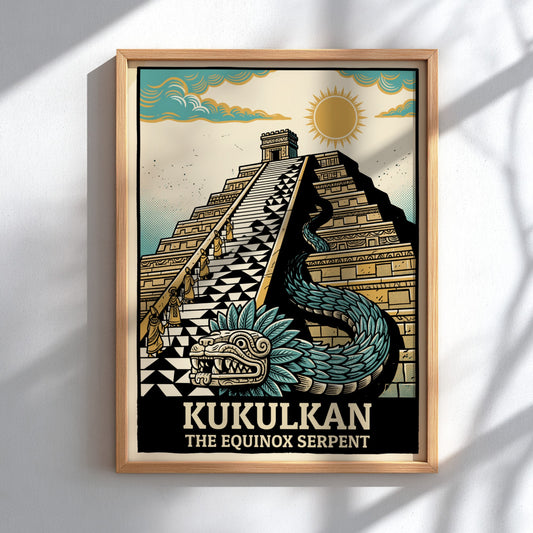 Poster featuring the Mayan pyramid and feathered serpent Kukulkan in gold and teal.