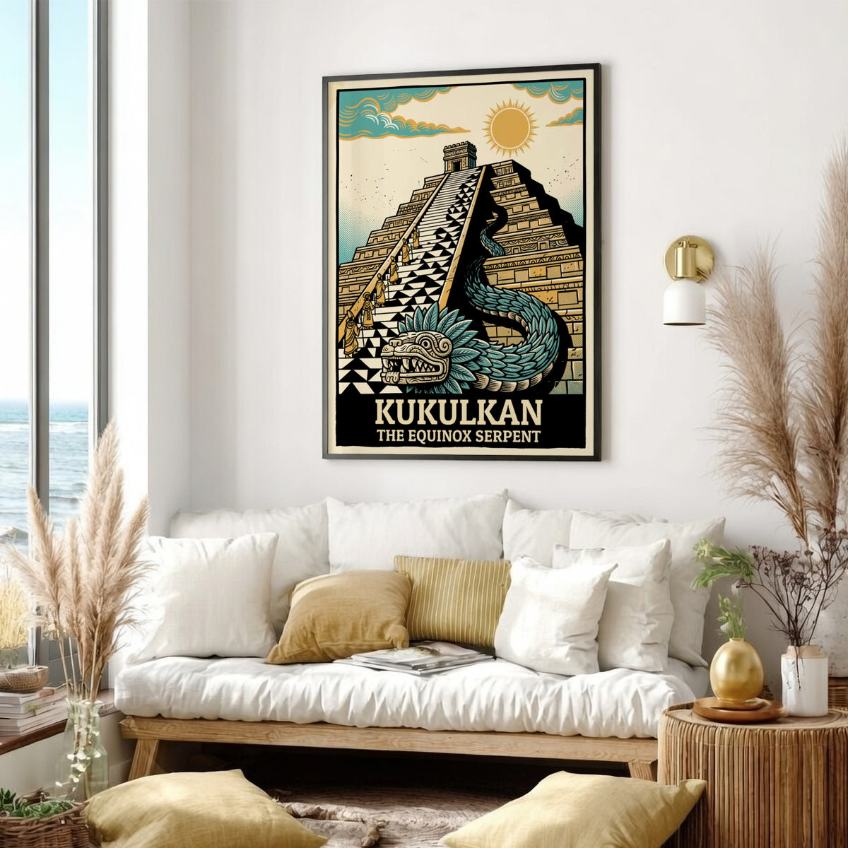 Poster featuring the Mayan pyramid and feathered serpent Kukulkan in gold and teal.