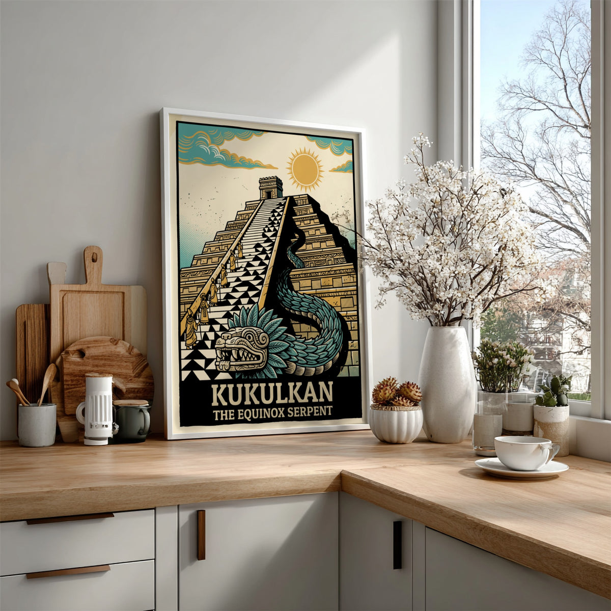 Poster featuring the Mayan pyramid and feathered serpent Kukulkan in gold and teal.