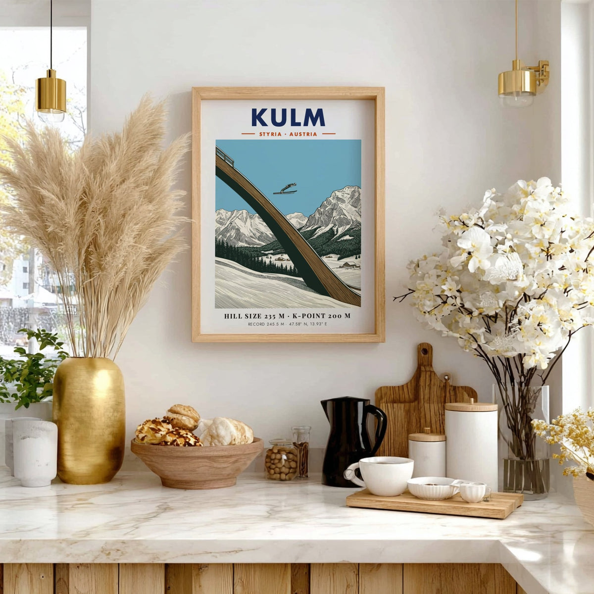 Poster of a ski jumper at Kulm in Styria Austria with mountain backdrop