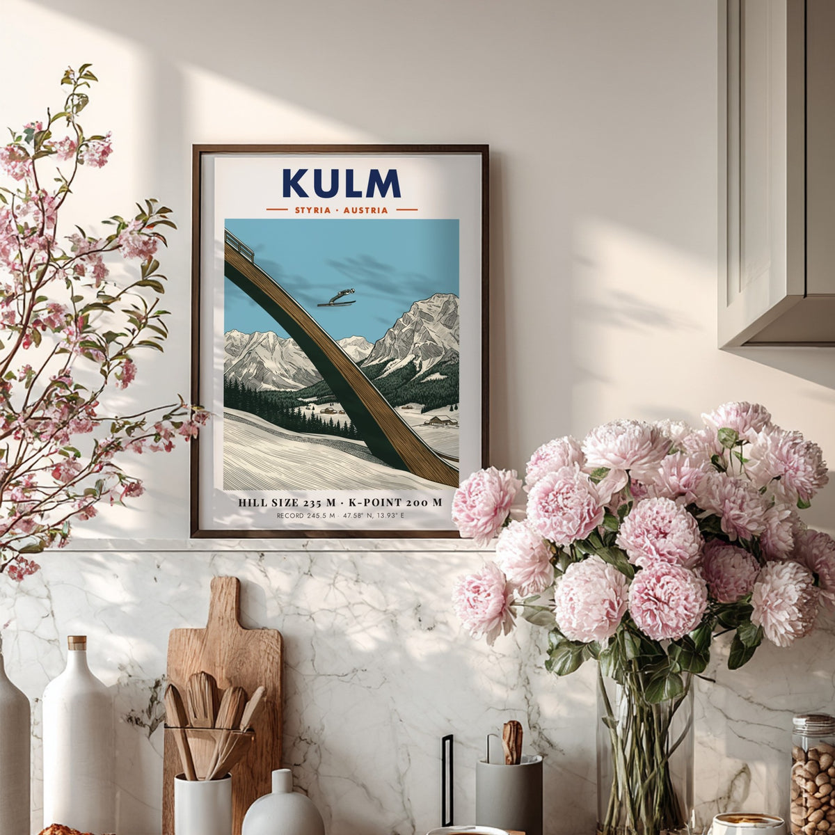 Poster of a ski jumper at Kulm in Styria Austria with mountain backdrop