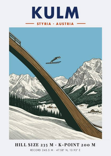 Poster of a ski jumper at Kulm in Styria Austria with mountain backdrop