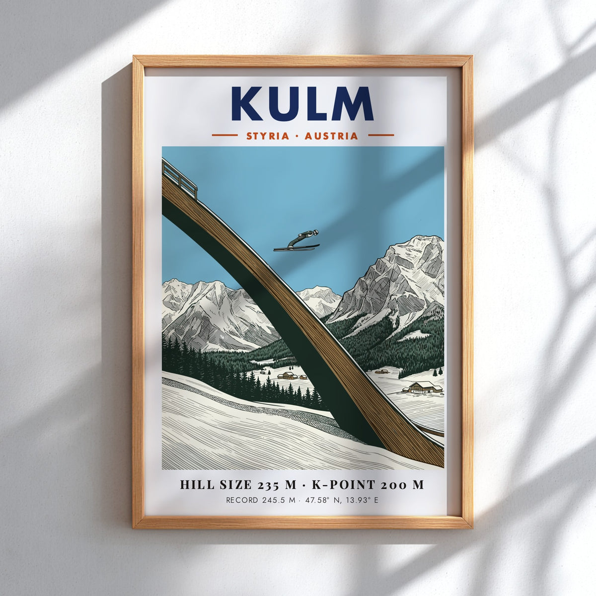 Poster of a ski jumper at Kulm in Styria Austria with mountain backdrop