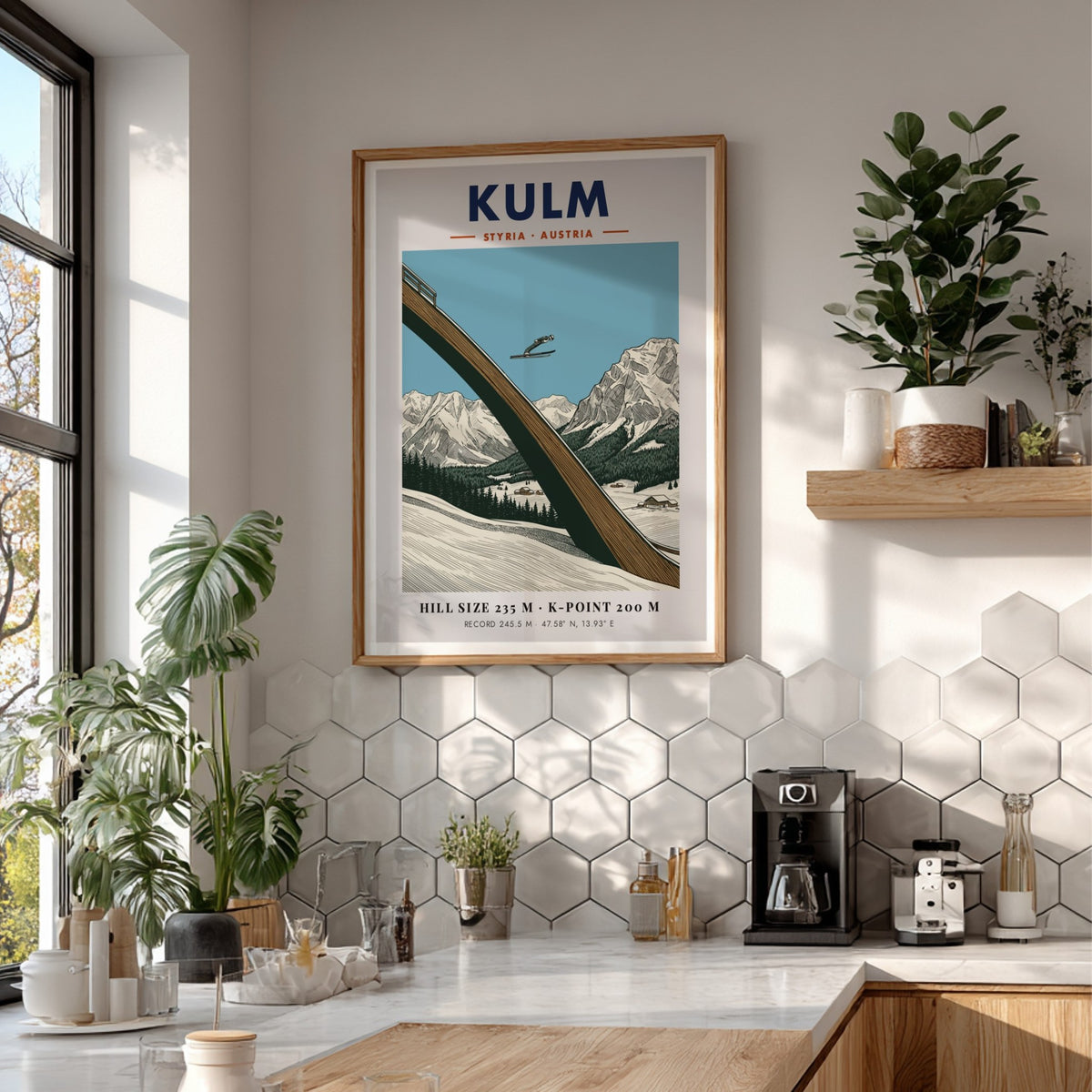 Poster of a ski jumper at Kulm in Styria Austria with mountain backdrop