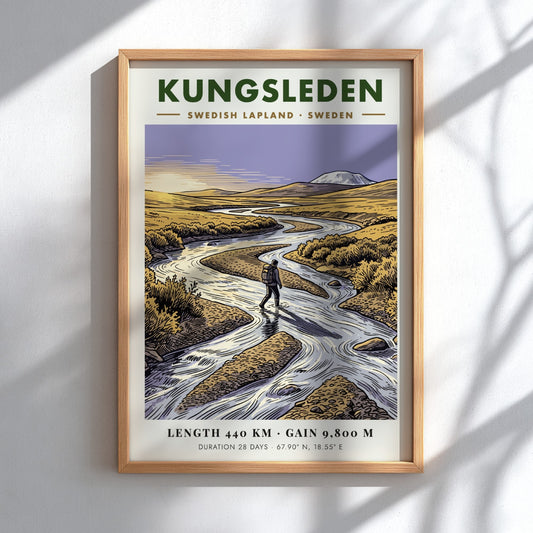 Poster of a hiker crossing a river in the golden Kungsleden Swedish Lapland landscape.