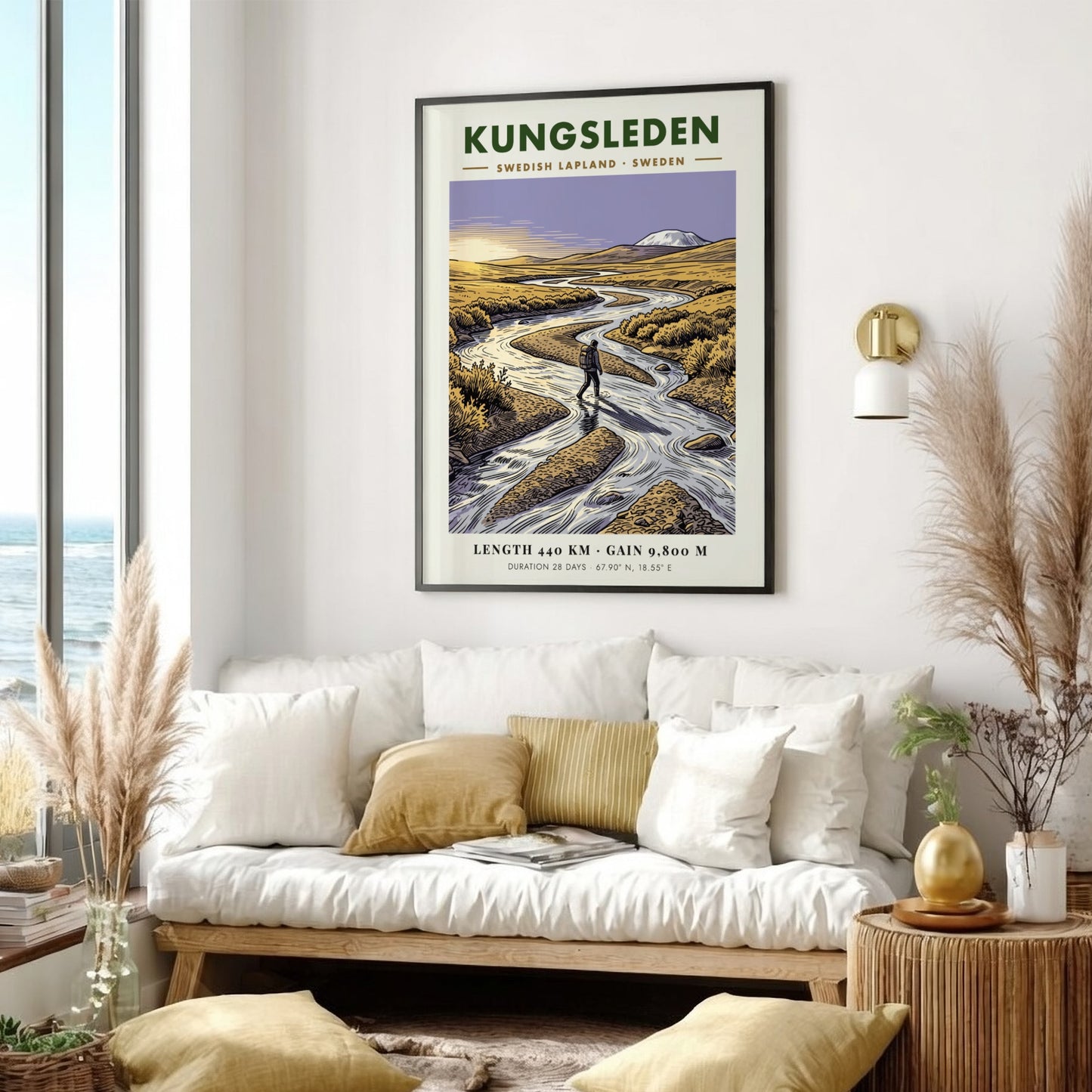 Poster of a hiker crossing a river in the golden Kungsleden Swedish Lapland landscape.